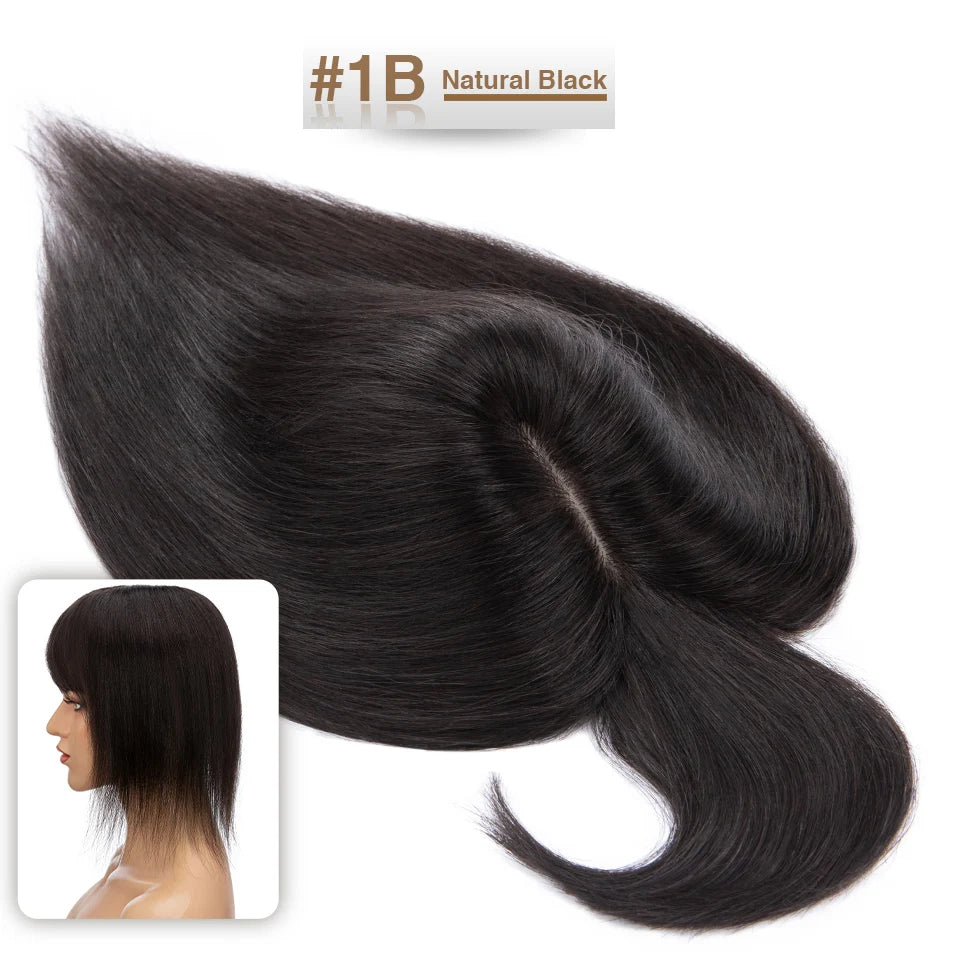 S-noilite Women Toppers Hair With Bangs Human Hair 7x13cm Silk Base Hair Cilp Wig Clip In Hair Extensions Hairpiece Natutal Hair