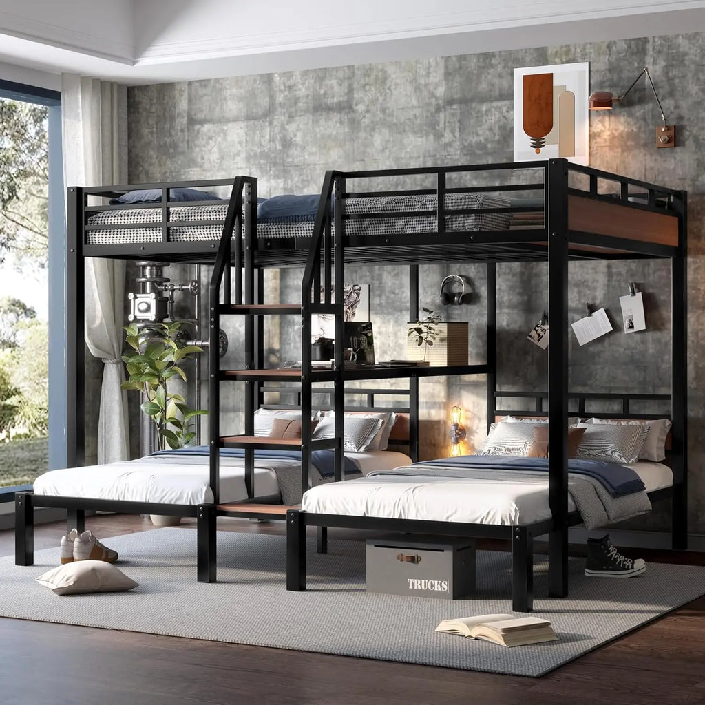 Queen Over Twin Over Twin Metal BunkBed with Storage Stairs and Shelves, 3-in-1 Triple Bunk Bed with Headboard, Space Saving, fo