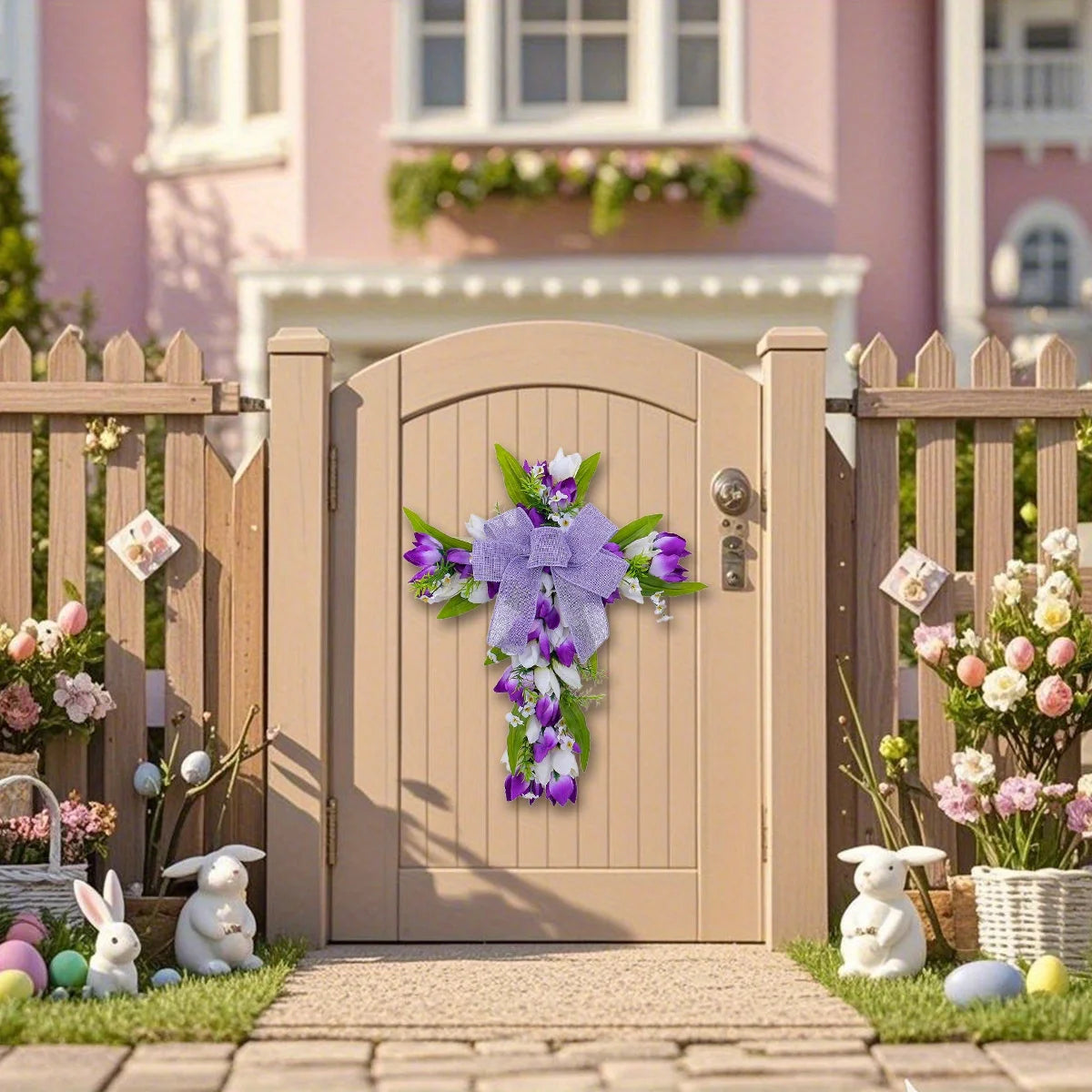 Tulip Crosses Wreath for Front Door Artificial Spring Easter Religious Crosses Wreath Sign Christian Easter Crosses