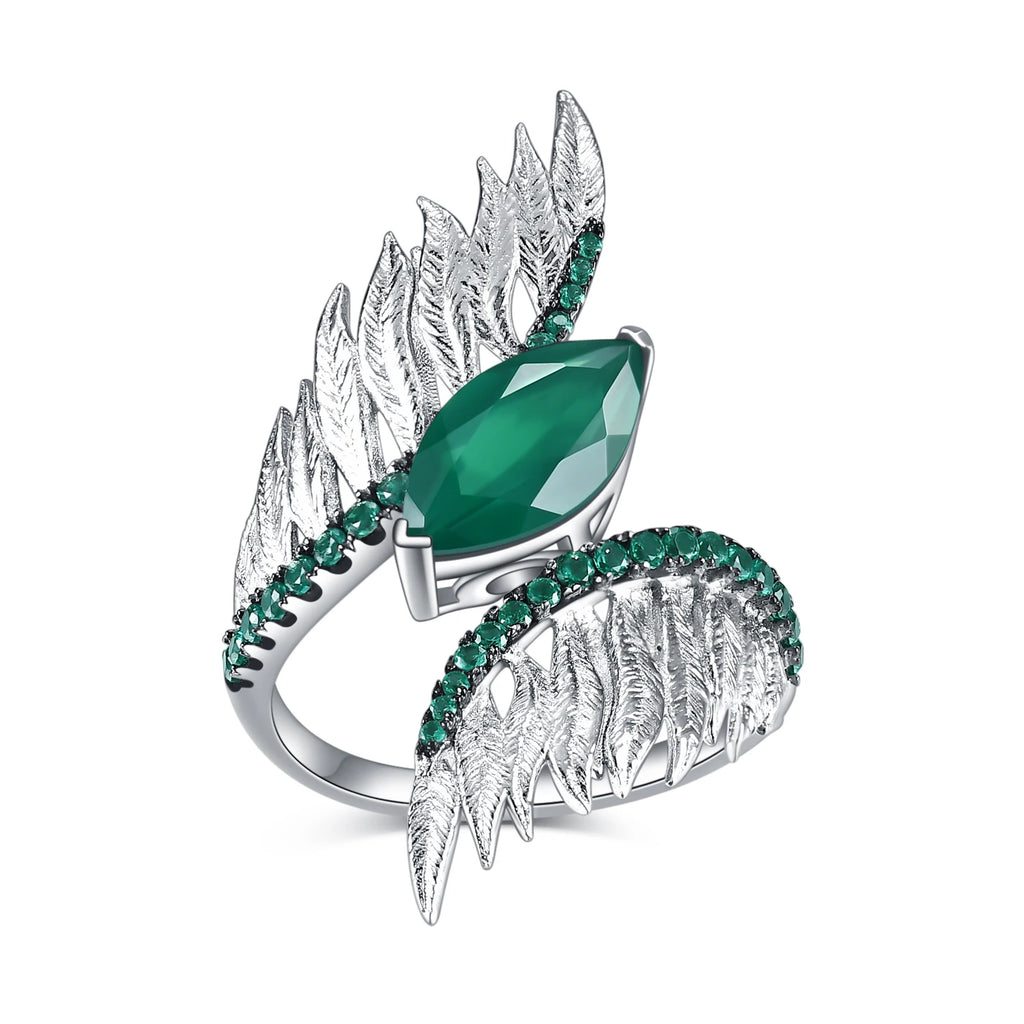 GEM'S BALLET Indian Style 925 Sterling Silver Female Rings For Women Green Agate Feather Finger Ring Sterling Silver Jewelry