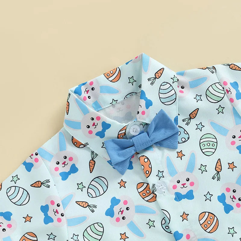 Toddler Boy Easter Outfit Bunny Egg Short Sleeve Button-up Shirt with Bowtie Solid Shorts 2 Piece Set for Spring Festivities