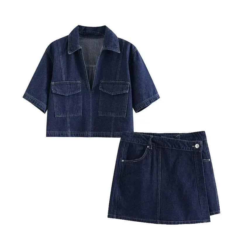 Summer New Women's Fashion Temperament Casual Versatile V-neck Short Denim Shirt Double Breasted Denim Skirt Suits Outfits