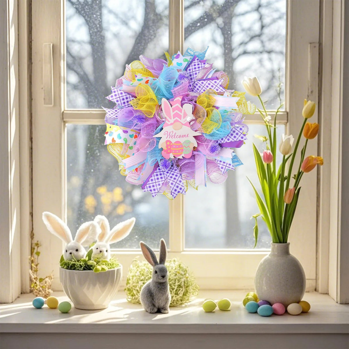 Easter Dwarf Rabbit Mesh Wreath, 15.7in Artificial Easter Gnome Door Hanging Wreath, Colorful Easter Bunny Welcome