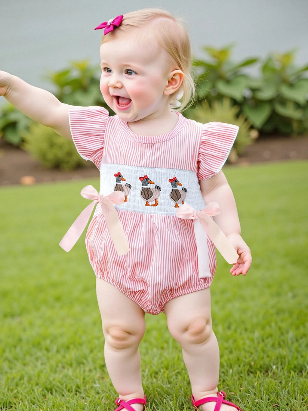 Cute Toddler Bunny Print Overall Dress with Ruffle Sleeves and Bow Detail for Baby Girls Easter Outfit
