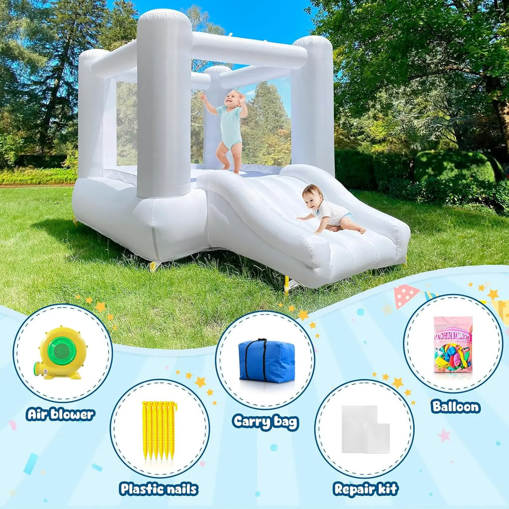 （This product is currently sold out） Inflatable White Bounce House With Slide Oxford Bouncy Castle Include Blower (without tarp)