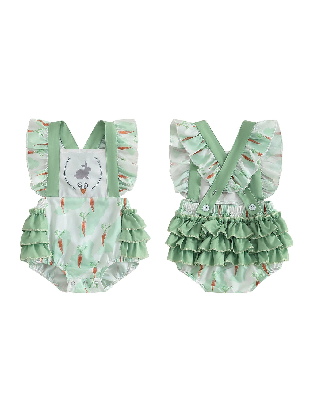 Adorable Infant Easter Jumpsuit with Cute Bunny and Carrot Print Sleeveless Ruffle Square Neck Baby Girl Outfit for Newborns