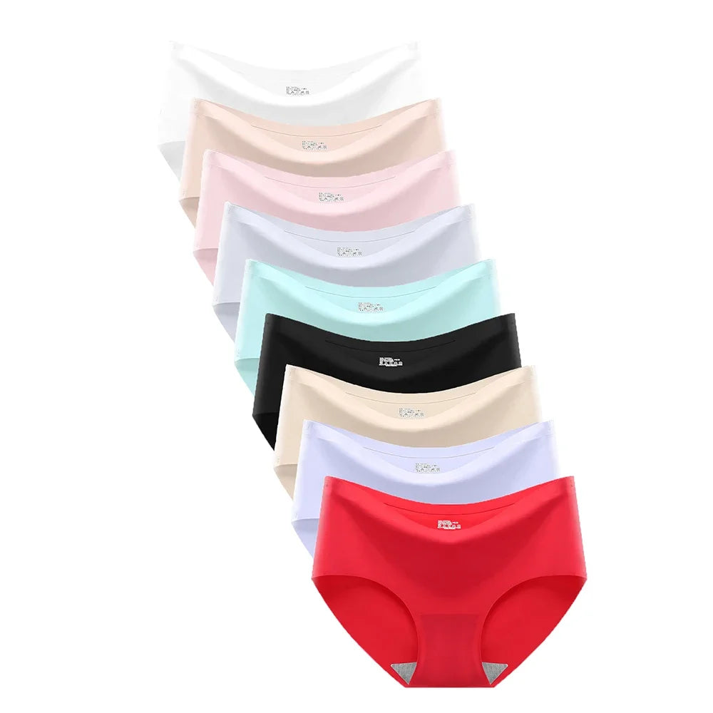9-Pack Seamless Women Underwear Ice Silk, Mid Waist Comfortable Panty Set, Breathable Monochrome Briefs for Girls Daily Wear