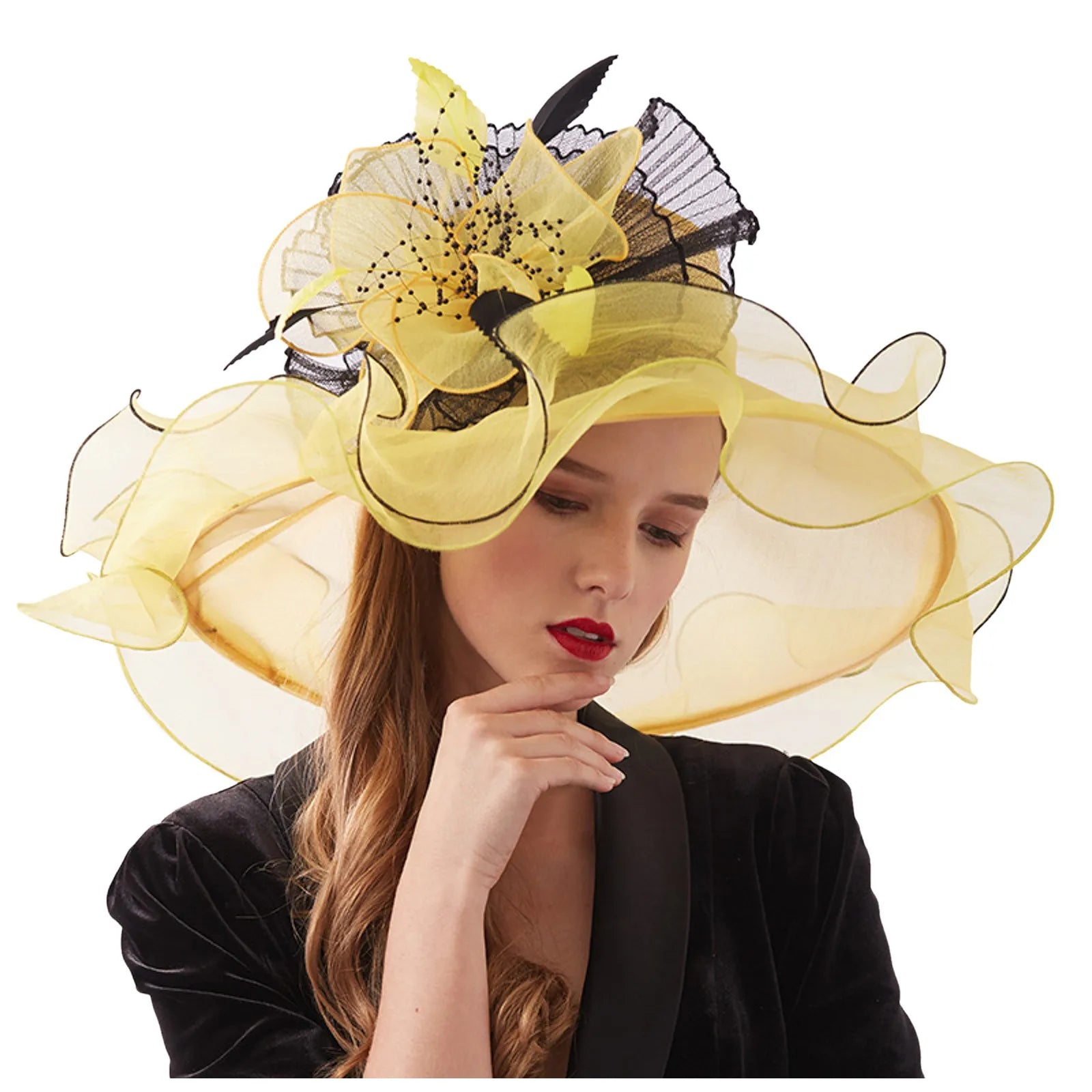 Women Elegant Sun Hats Wide Brim Organza Fedoras Wedding Derby Tea Party Fascinator Hat Summer Floral Sunhats Ladies Beach Cap