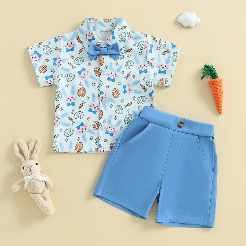 Toddler Boy Easter Outfit Bunny Egg Short Sleeve Button-up Shirt with Bowtie Solid Shorts 2 Piece Set for Spring Festivities
