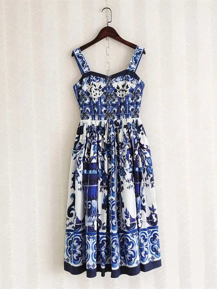 JAMERARY Summer Blue And White Porcelain Flower Printing Floral Long Dress Women Straps Zipper Elastic Backless Midi Vestidos