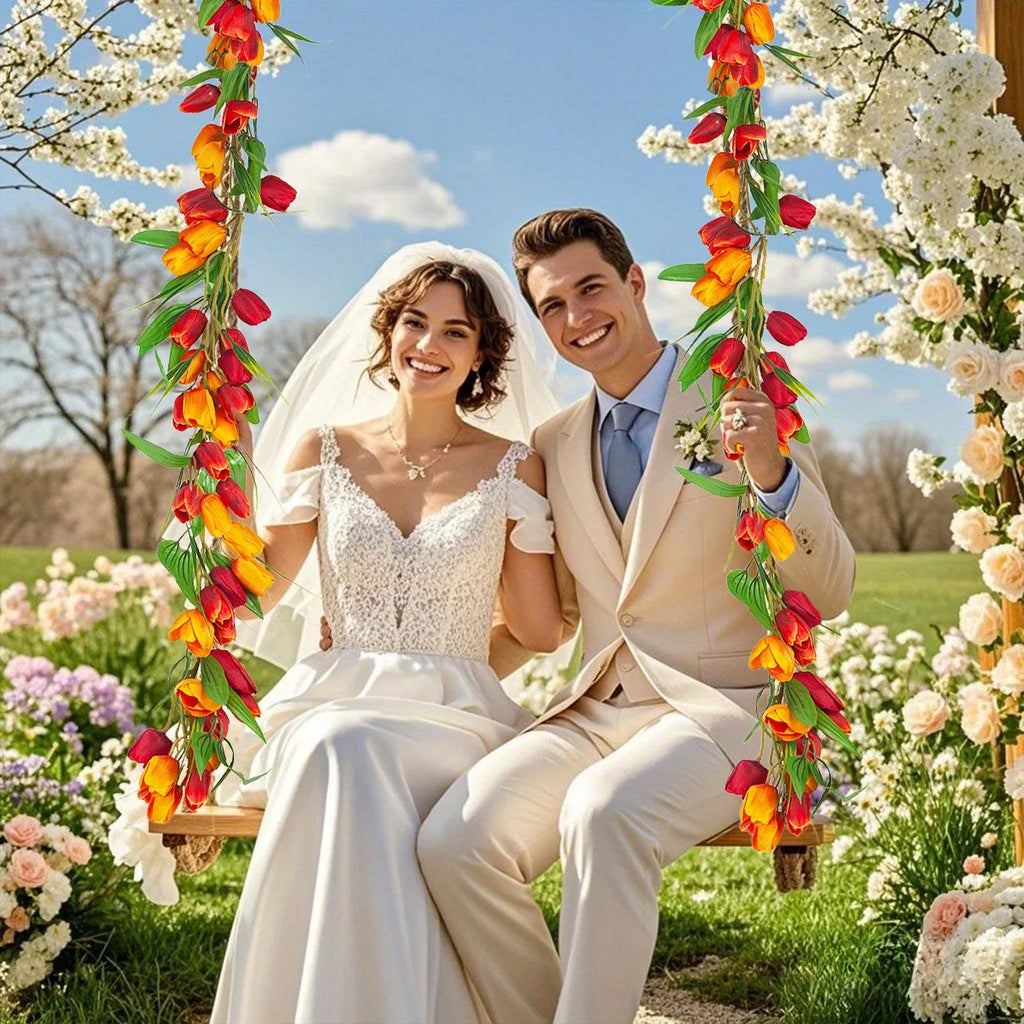 Easter Tulip Garland 6.5ft Artificial Spring Garland Easter Decorations Garland with Tulip Flower Green Leaves Hanging