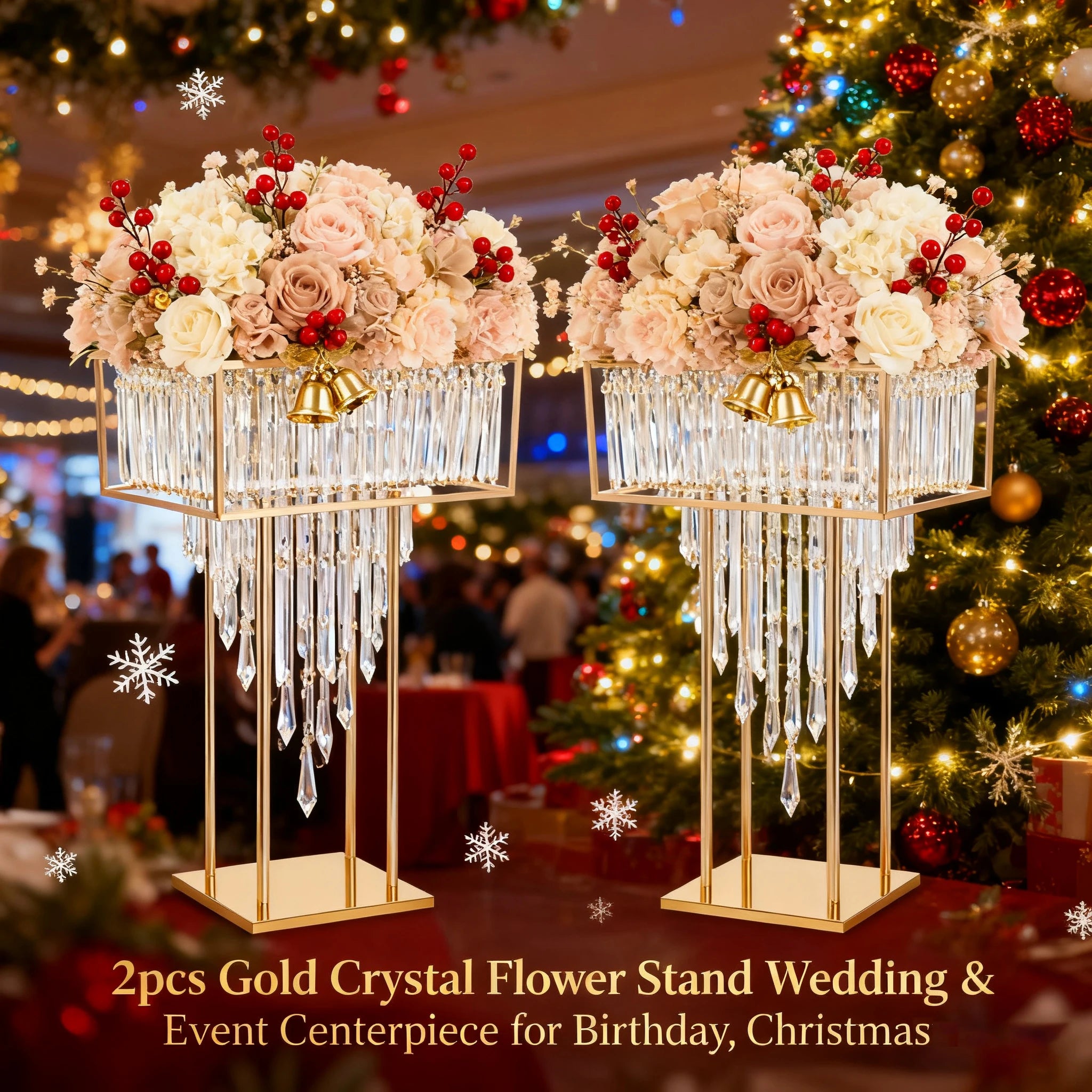 Modern 2pcs Gold Crystal Flower Stand - Wedding & Event Centerpiece for Birthday, Christmas H*L35.43*27.56in