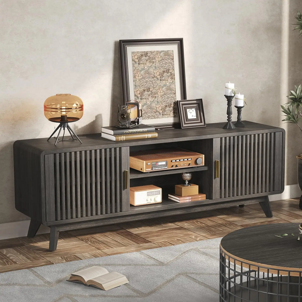 IRONCK 63'' TV Stand for TVs Up to 70", TV Console with 2 Sliding Doors in Grille Design & Charging Station, for Living Room