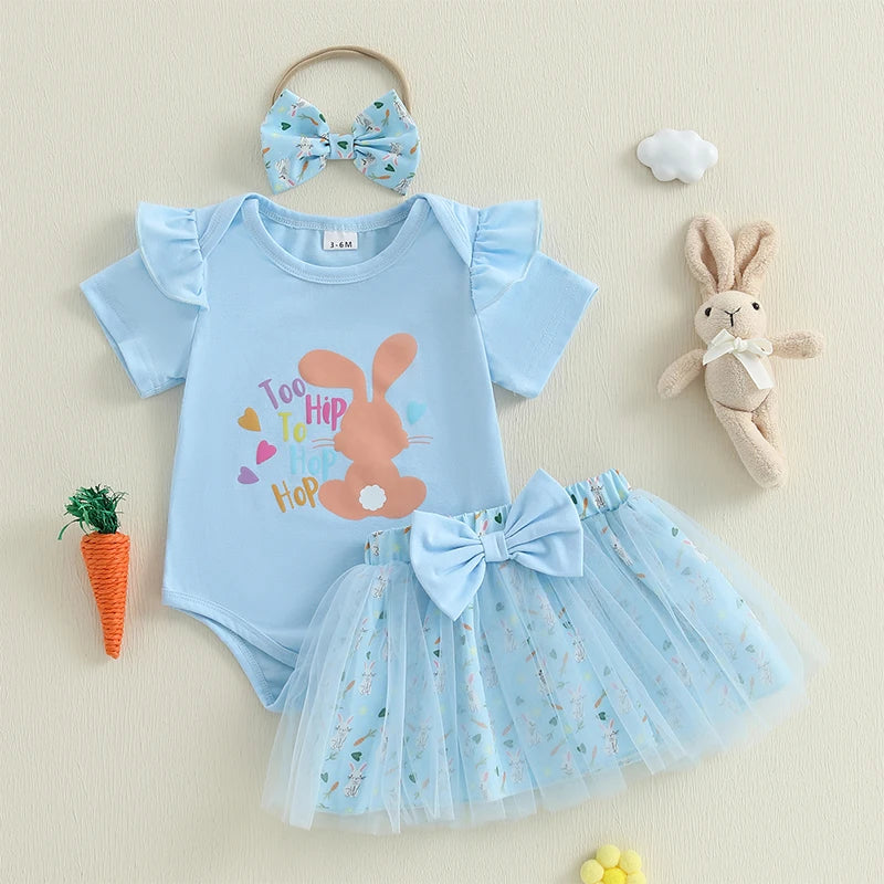 Adorable Baby Girl Easter Outfits with Bunny Print Romper Skirt and Headband - 3 Piece Clothing Set for Spring Celebrations