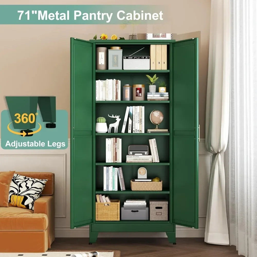 Metal Pantry Cabinet with 2 Doors and 5 Adjustable Shelves, 75" Kitchen Storage cabinets with Gold Handles, Versatile Storag