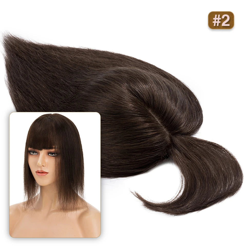S-noilite Natural Hair Topper Wig for Women 10x12cm with Silk Base 3.5x9cm Human Hair Piece with Bangs Hair Clip Included
