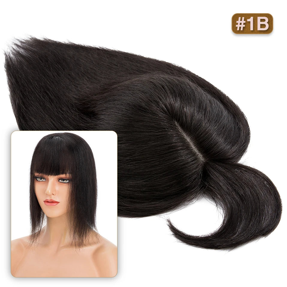 S-noilite Natural Hair Topper Wig for Women 10x12cm with Silk Base 3.5x9cm Human Hair Piece with Bangs Hair Clip Included
