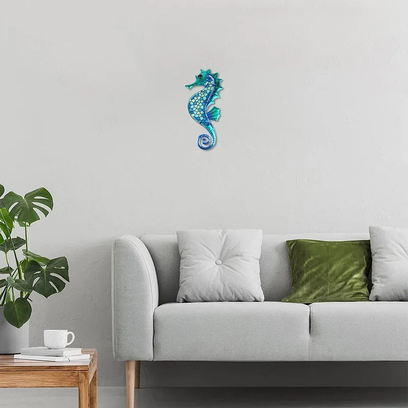 Metal Blue Mosaic Seahorse Wall Decor for Garden Decorations Outdoor Sculpture Statue of Patio Yard Living Room