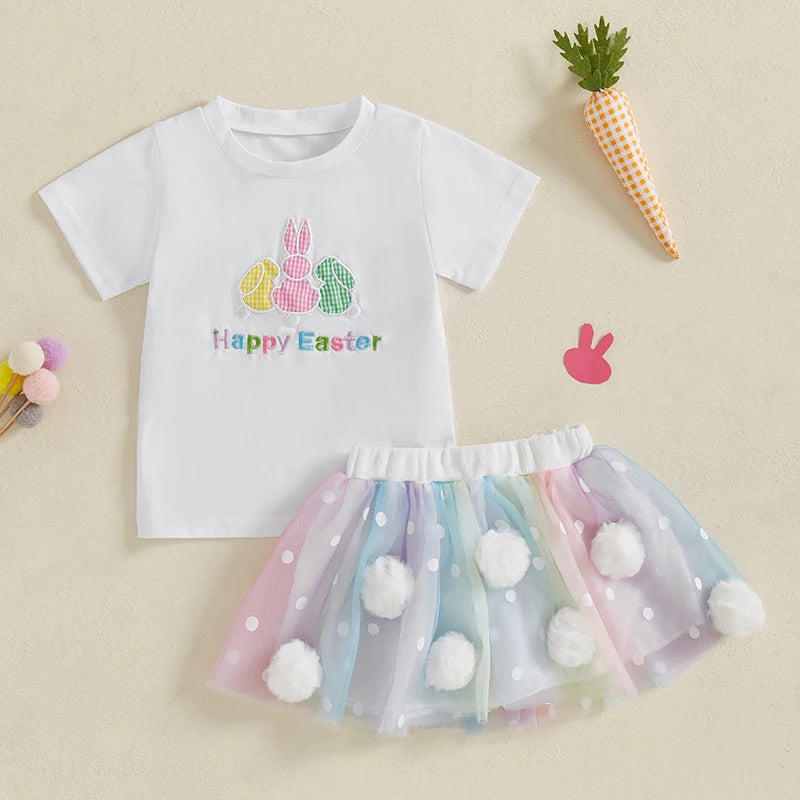 Adorable Baby Girl Easter Outfit with Bunny Embroidery and Polka Dot Tulle Skirt - 2 Piece Set for Spring Celebrations