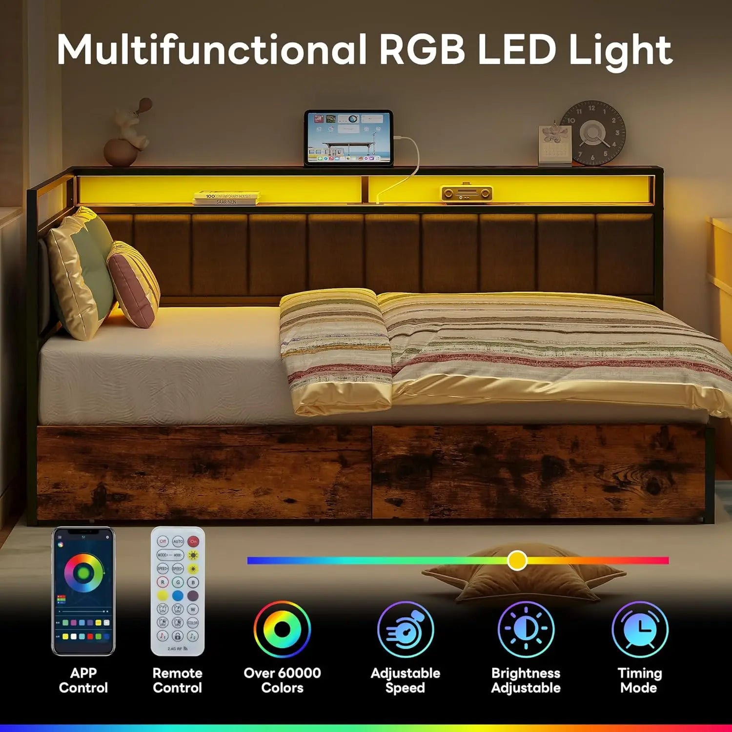 LIKIMIO Corner Bed Frame Twin/Full Daybed with Storage Drawers, Metal Platform Bed Frame with LED Light, Charging Station, Black