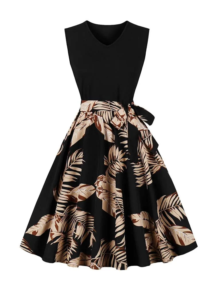 Retro Vintage Women's Summer Dress V-Neck Sleeveless High Waist Chic Floral Print with Belt 50s Style
