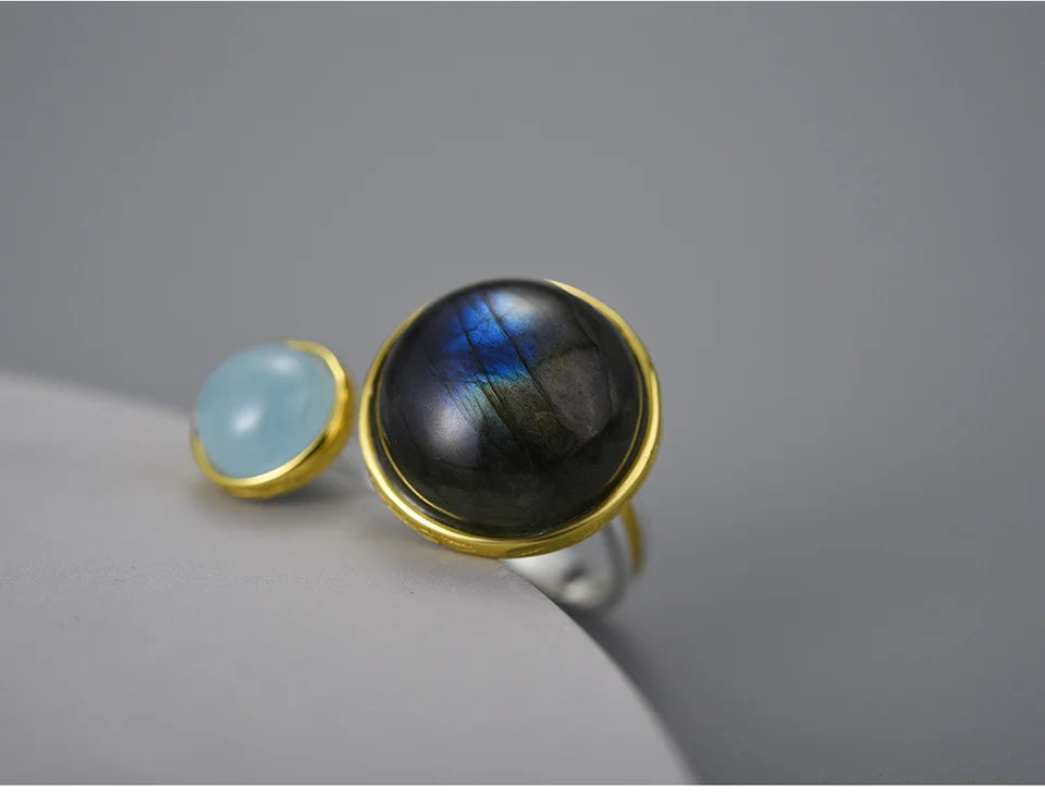 Lotus Fun Real 925 Sterling Silver Natural Labradorite Moonlight Gemstones Ring Fine Jewelry Mysterious Lake Rings for Women