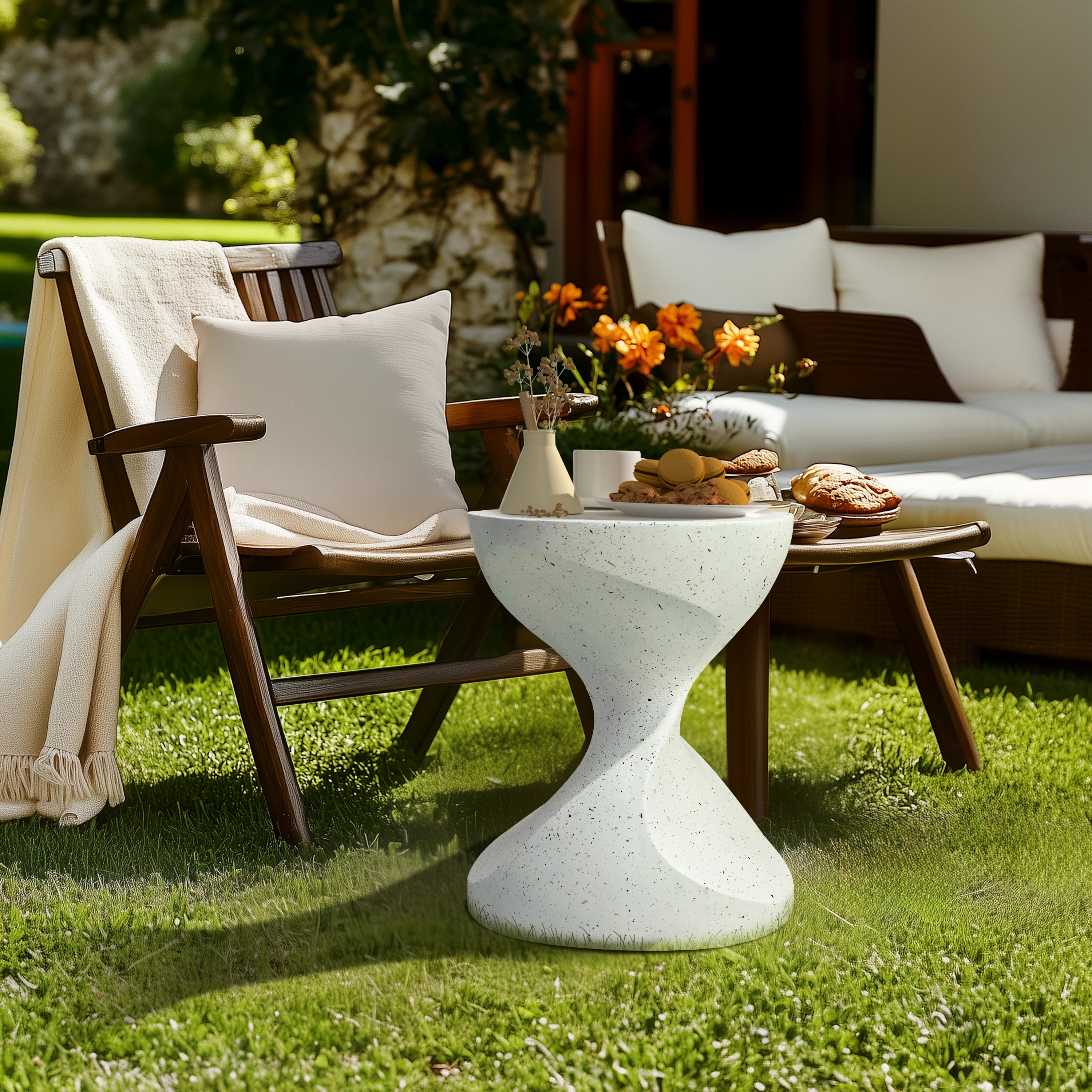 Hourglass Shaped Lightweight Concrete Side Table White Bedside Accent End Table for Living Room, Balcony