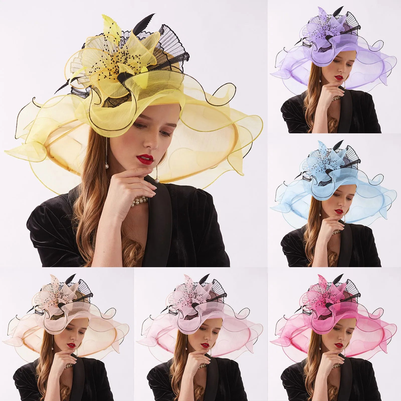 Women Elegant Sun Hats Wide Brim Organza Fedoras Wedding Derby Tea Party Fascinator Hat Summer Floral Sunhats Ladies Beach Cap