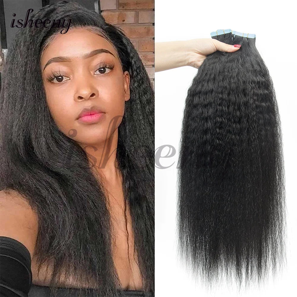 Kinky Straight Invisible Tape In Human Hair Extensions 12"-20" Natural Black Real Remy Tape Ins Hair Easy To Wea For Woman