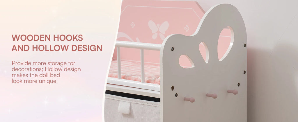 Robotime Baby Doll Crib Wooden Toy Baby Crib with Storage Bedding Wooden Hooks Doll Crib Fits Dolls up to 21" for Girls 3+ Pink