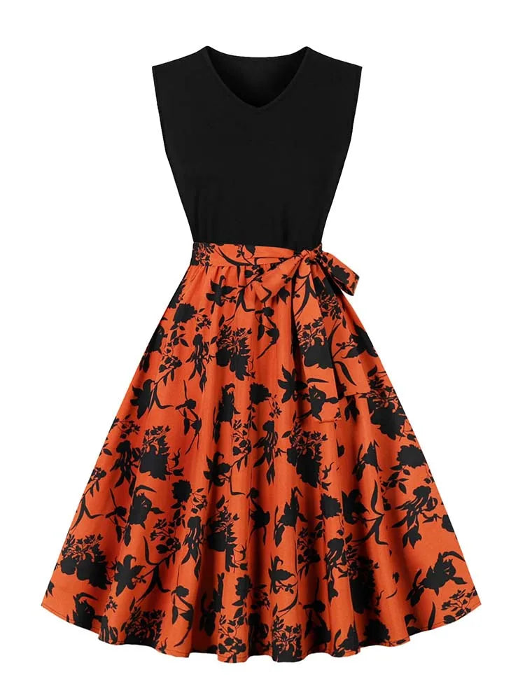 Retro Vintage Women's Summer Dress V-Neck Sleeveless High Waist Chic Floral Print with Belt 50s Style