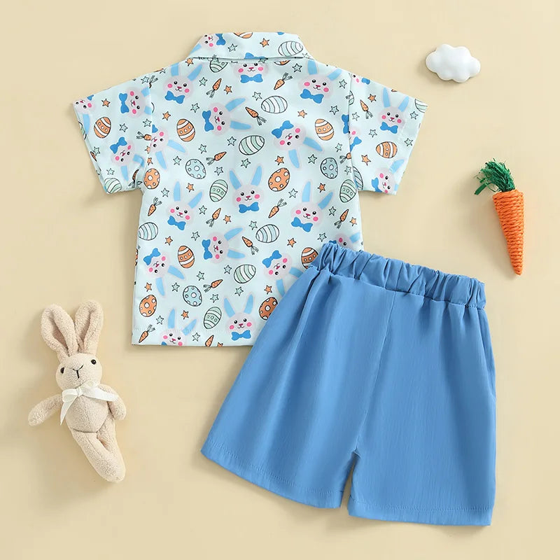 Toddler Boy Easter Outfit Bunny Egg Short Sleeve Button-up Shirt with Bowtie Solid Shorts 2 Piece Set for Spring Festivities