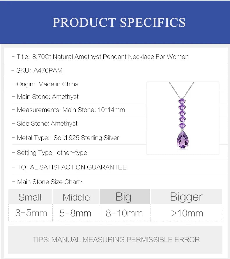 GEM'S BALLET 8.70Ct Natural Amethyst Long Pendant 925 Sterling Silver Gemstone Necklaces & Pendants For Women Fine Jewelry