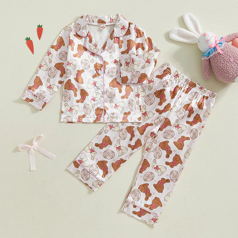 Toddler Girl Easter Satin Pajama Set with Bunny and Carrot Print Long Sleeve Button-up Tops and Pants Sleepwear Outfit 2 Piece