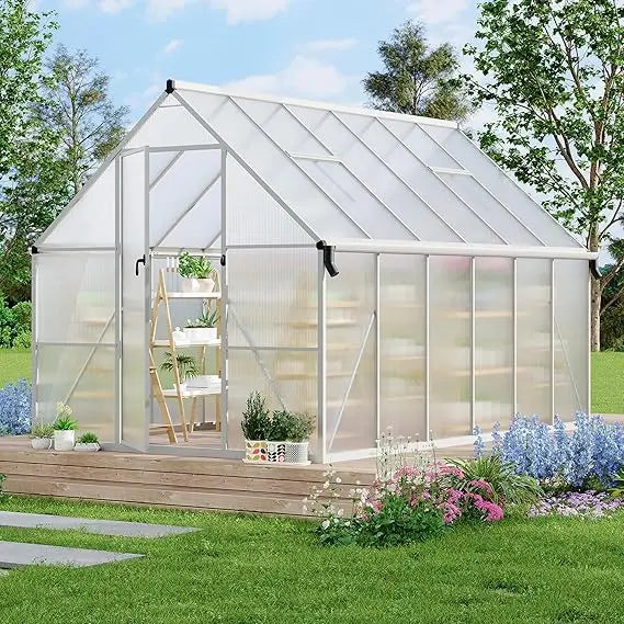 8ft X 12ft Aluminum Frame Polycarbonate Greenhouse with Roof Vents, Large Reinforced Aluminum Greenhouse Kit