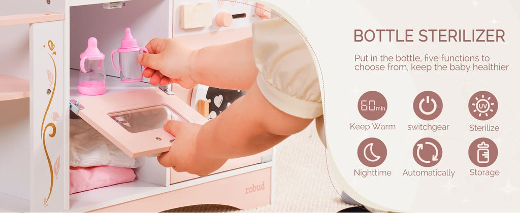 Robud Wooden 6-in-1 Baby Doll Changing Table with Baby Doll Crib Washing Machine Bottle Sterilizer Storage Area for Kids in Pink