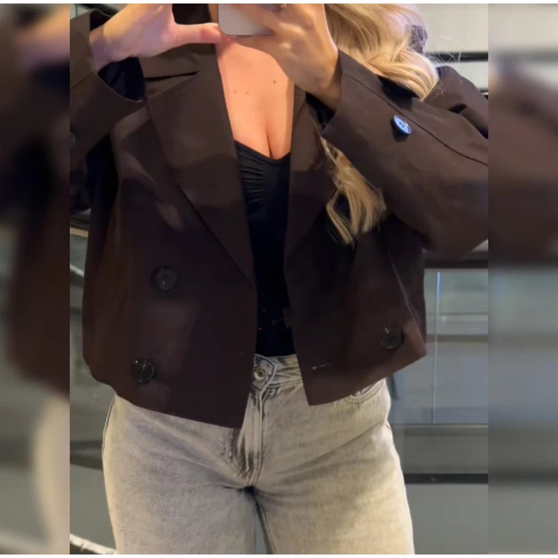 Solid Double-breasted Short Windbreaker Women Fashion Lapel Long Sleeve Slim Thin Jackets 2025 Autumn Female High Street Outwear