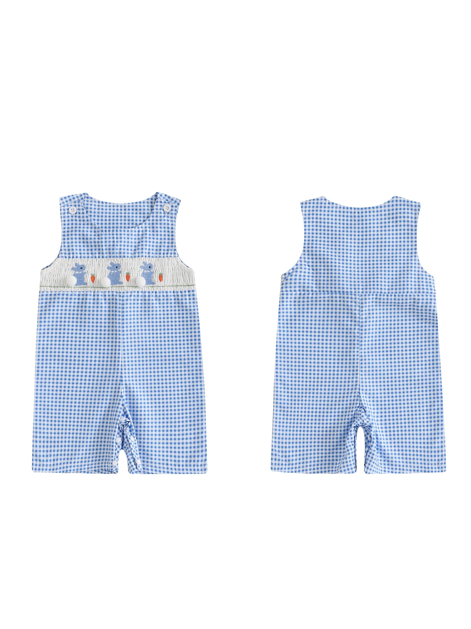 Adorable Toddler Girls Easter Outfits Bunny Print Sleeveless Rompers Plaid Overalls Jumpsuits with Carrot Embroidery