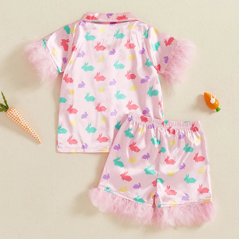 Easter 2-Piece Pajama Set with Short Sleeve Lapel Bunny Print Shirt and Shorts for Comfortable Sleepwear