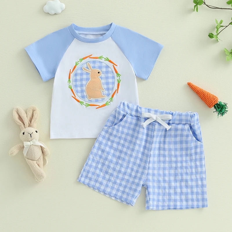 Toddler Boys Easter Outfits Adorable Bunny Embroidery Short Sleeve T-Shirt and Plaid Shorts Set for 2 Piece Clothing Ensemble