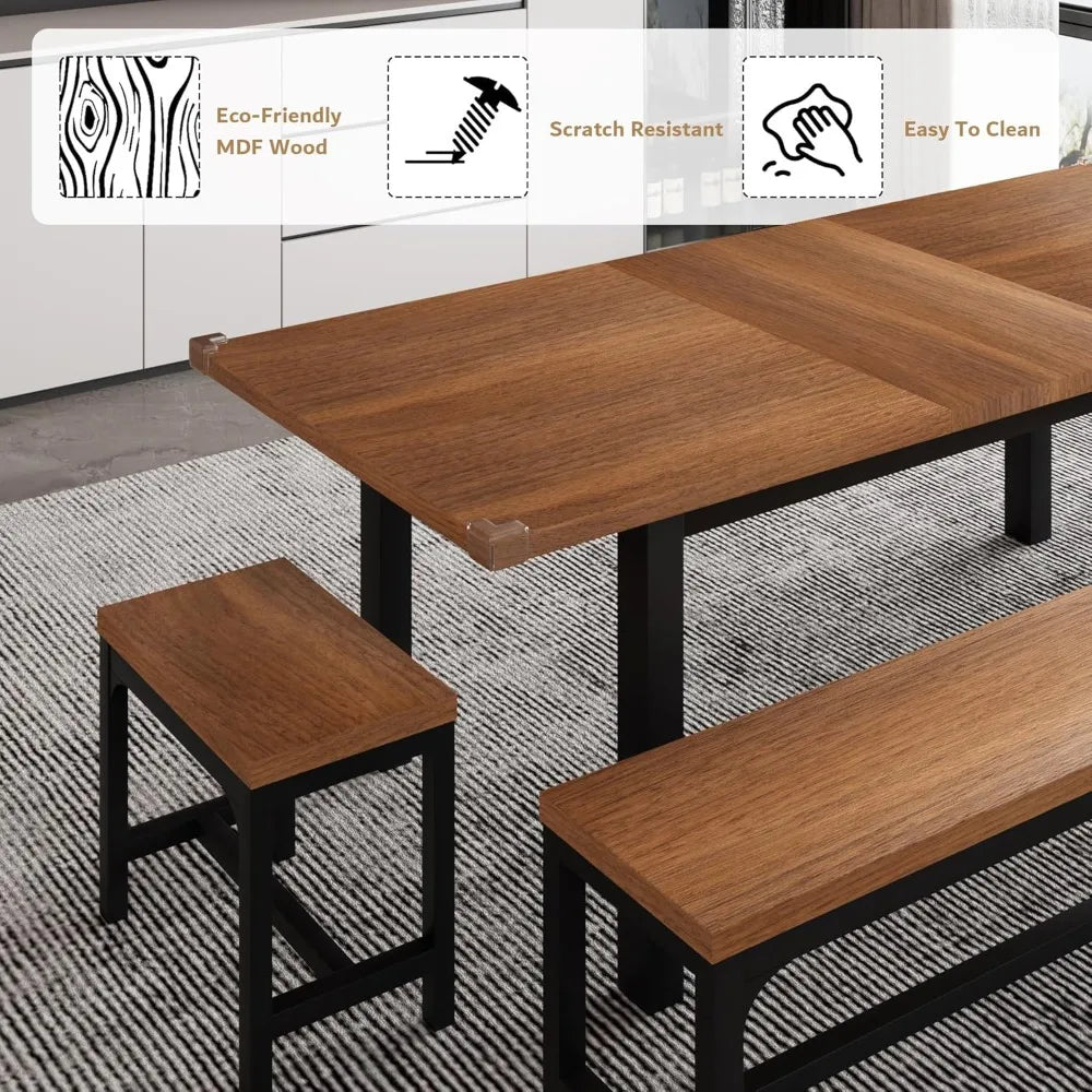 5-Piece Dining Table Set for 4-8 People, Extendable Kitchen Table Set with 2 Benches and 2 Square Stools, Mid-Century