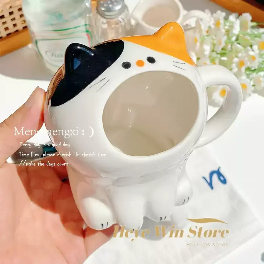 Cute Cat Mug, Cartoon Calico Cat Storage Rack, Desktop Pen Holder, Fun Gift Straw Cup, High-value Breakfast Milk Cup