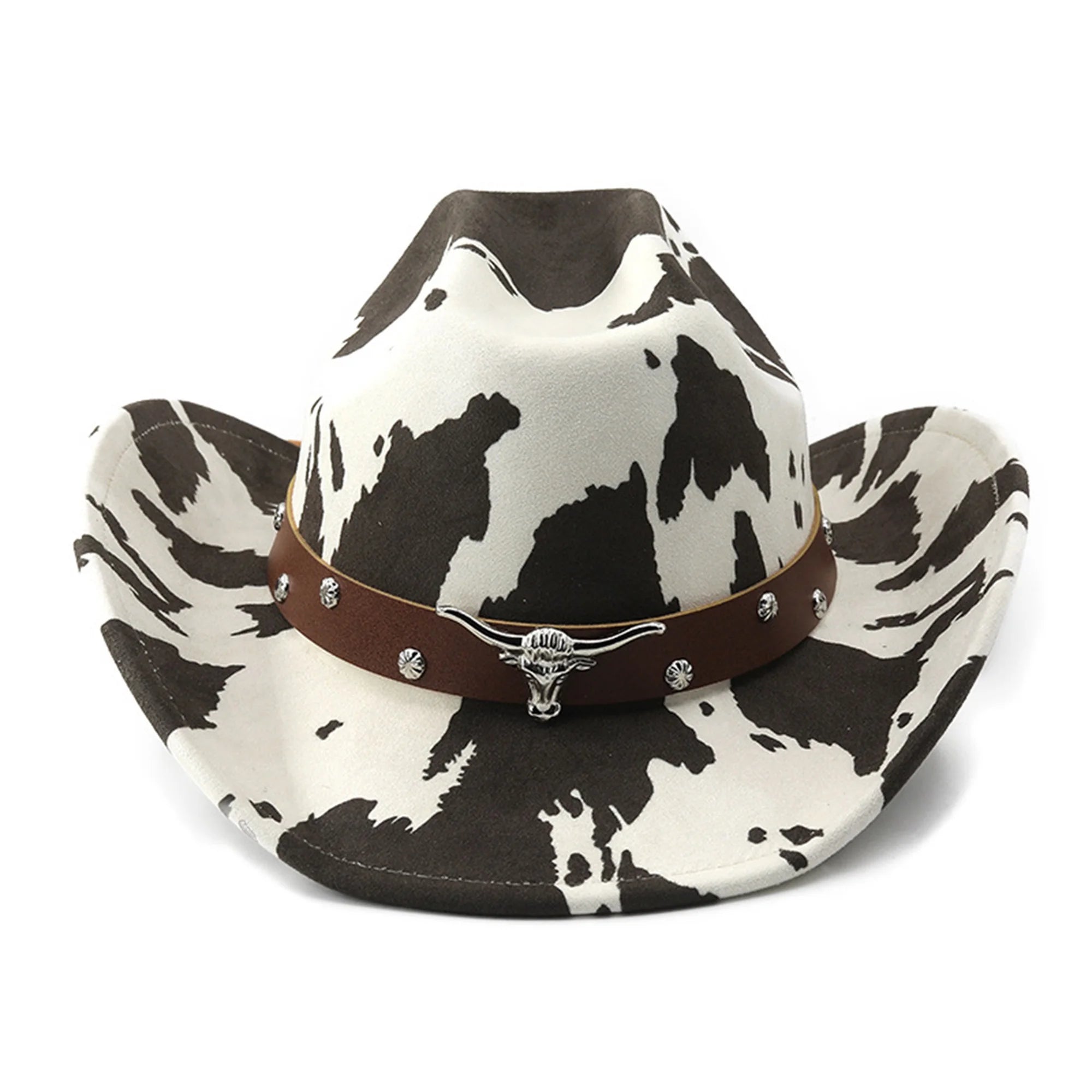 Vintage Leather Cowboy Hat for Women and Men with Cow Print Design Wide Brim Western Cap featuring Windproof Rope and Leather
