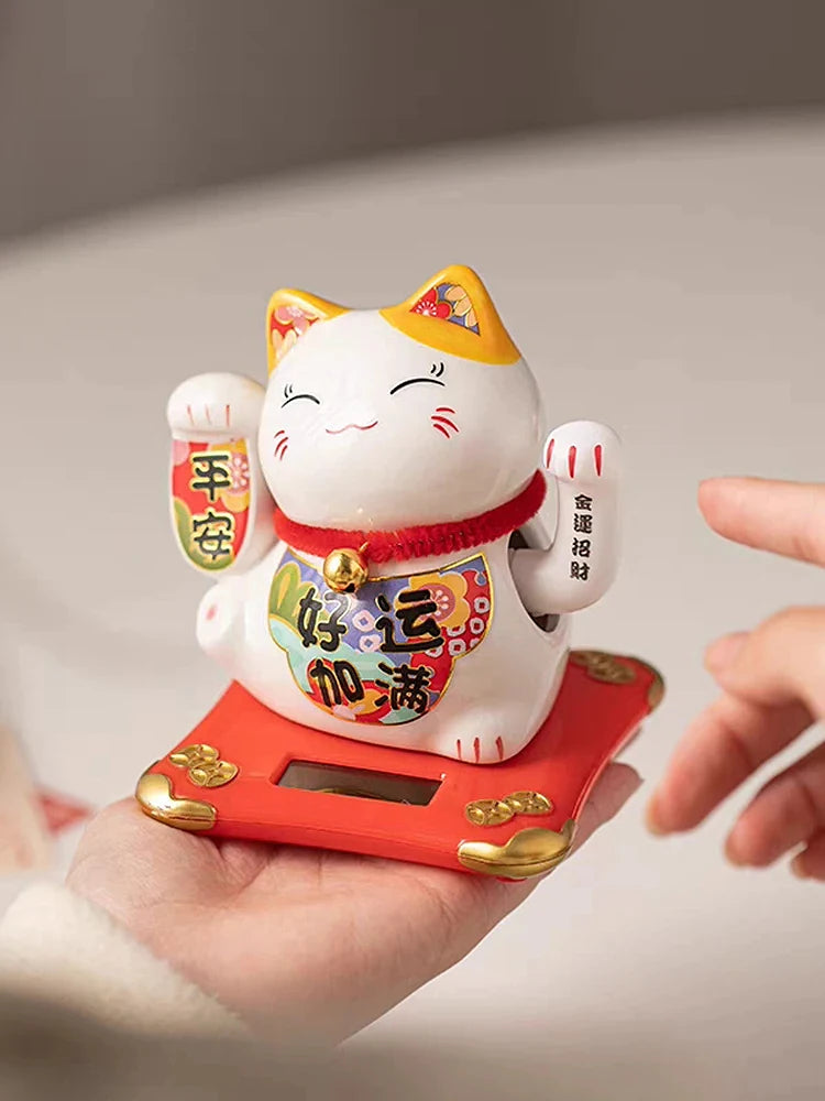 4.3 Inch Solar Powered Waving Ceramic Maneki-neko Lucky Beckoning Cat for Wealth Fortune, Home Office Decor, Gift for Prosperity