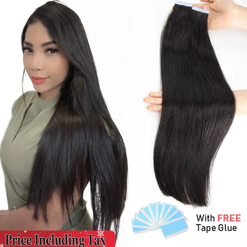 MRS HAIR Silky Straight Tape in Human Hair Extensions Remy Skin Weft Tape Hair Extension 12-24 inch 20pcs/pack 1B Natural Black