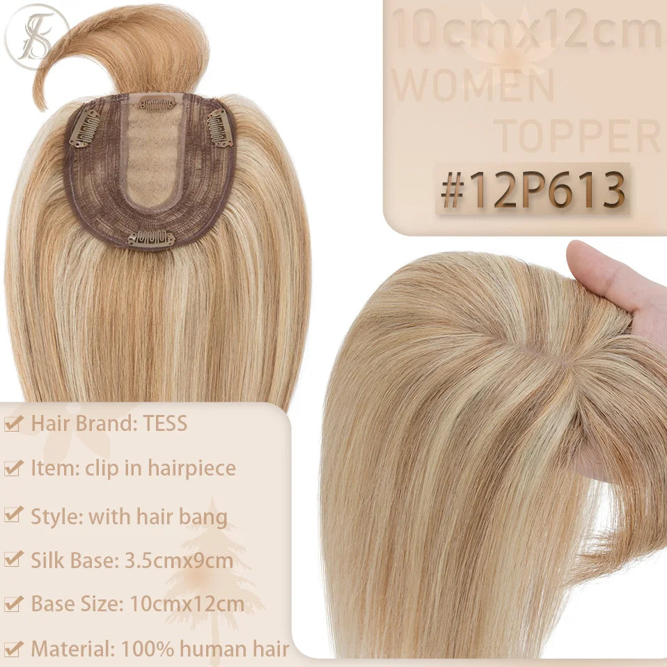 TESS Women Topper 10x12cm Hair Clips Hair Topper Natural Hair Wigs 100% Human Hair Silk Base Clip In Hair Extension Blonde Women