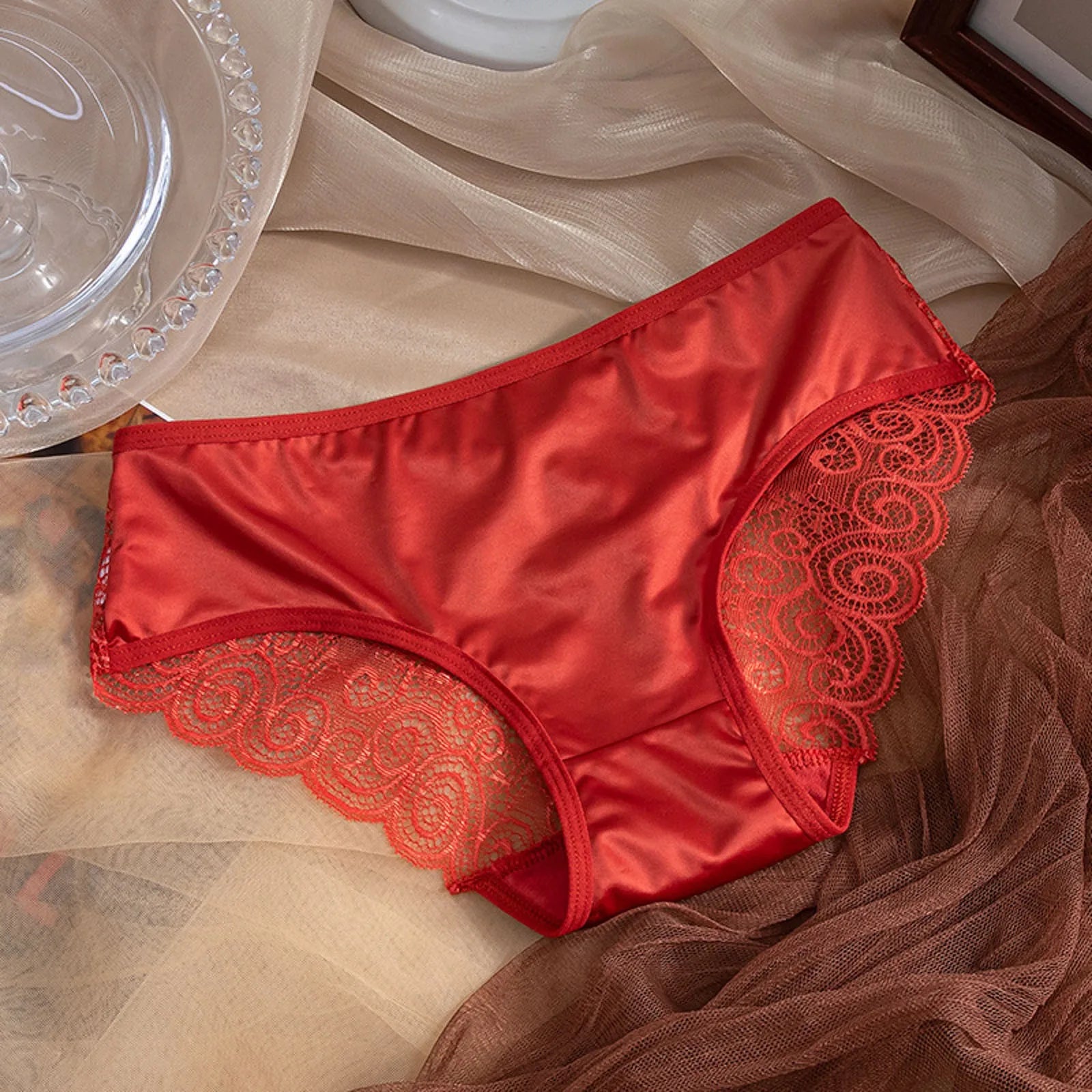 Yellow Women's Panties Silk Satin Underwear Lace Sexy Lingerie Breathable Mid Waist Female Briefs Comfortable Panty Underpants