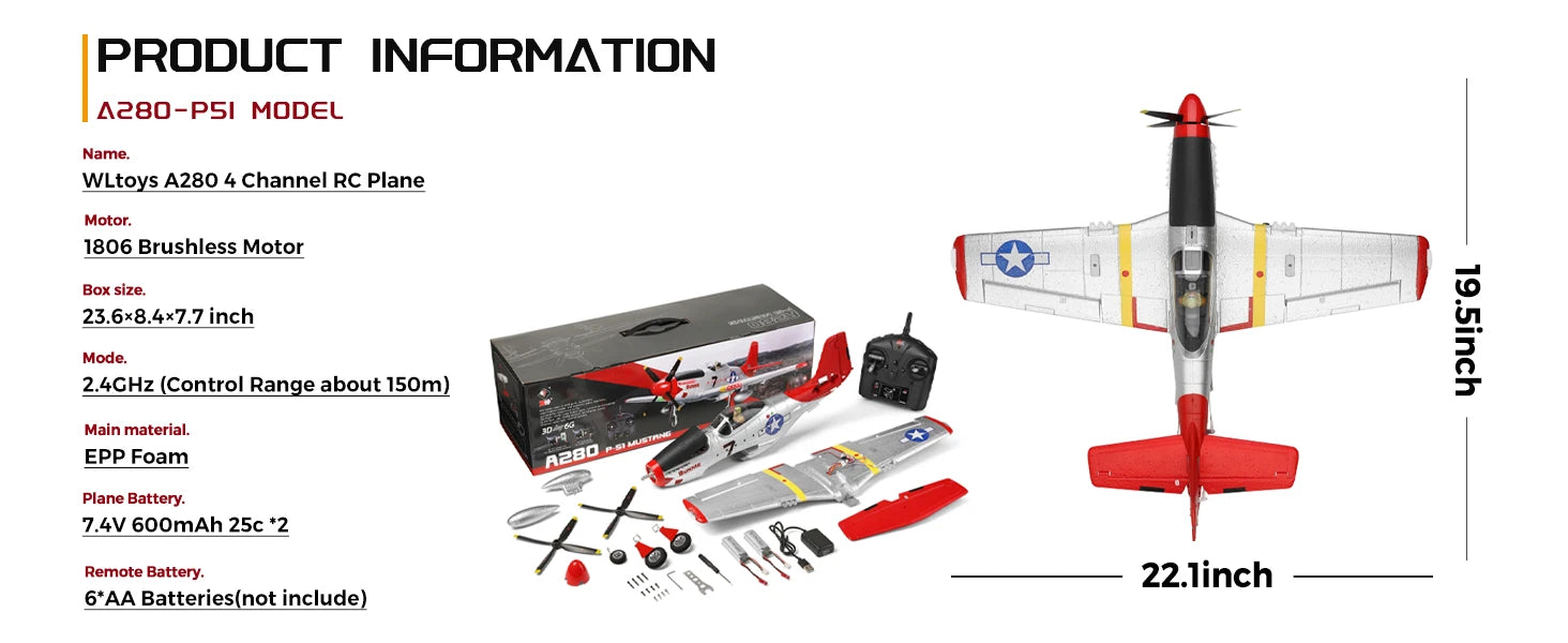 WLtoys XK A280 RC plane,P51 Mustang 4-CH RC Airplane with Lights,6G/3D Brushless Remote Control Airplane,Suitable for adults