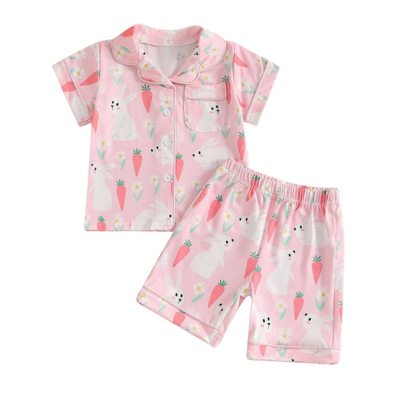 Adorable Toddler Girls Easter Bunny Pajama Set with Short Sleeve Top and Shorts for Spring Summer Loungewear - 2 Piece Set