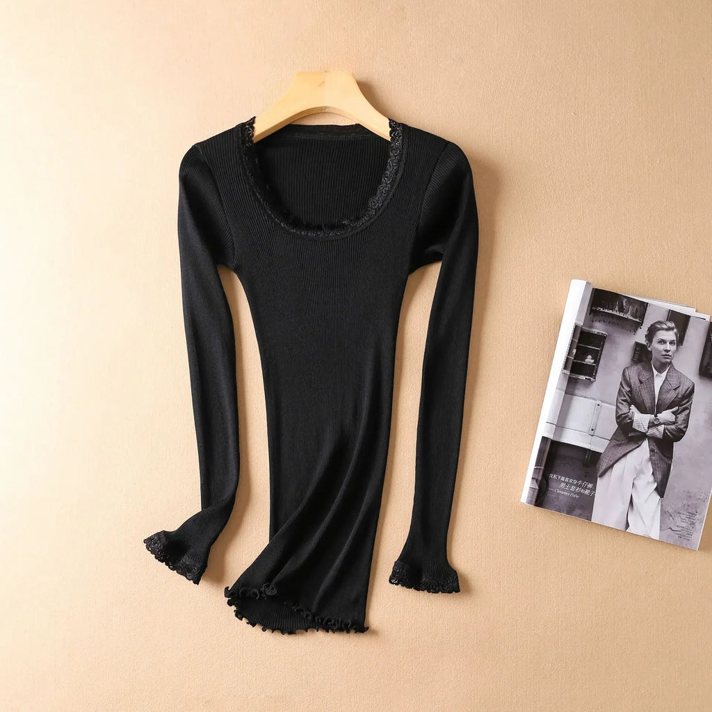 Autumn and Winter Mulberry Silk Women's Warm Underwear Round Neck Silk Lace Edge Long Sleeve Bottom Shirt Slim Fit